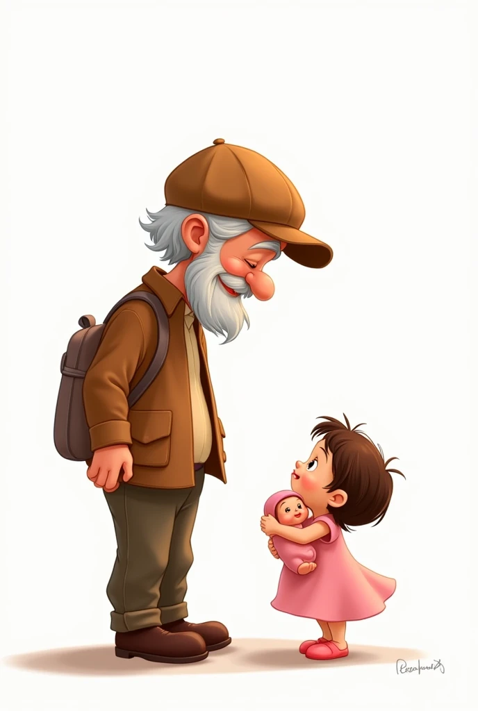 DISNEY-STYLE CARTOON OF LOVING GRANDFATHER IN A CAP WITH A BOY GRANDSON IN THE FORE AND A NEWBORN GRANDDAUGHTER IN A PINK DRESS ON A WHITE BACKGROUND
