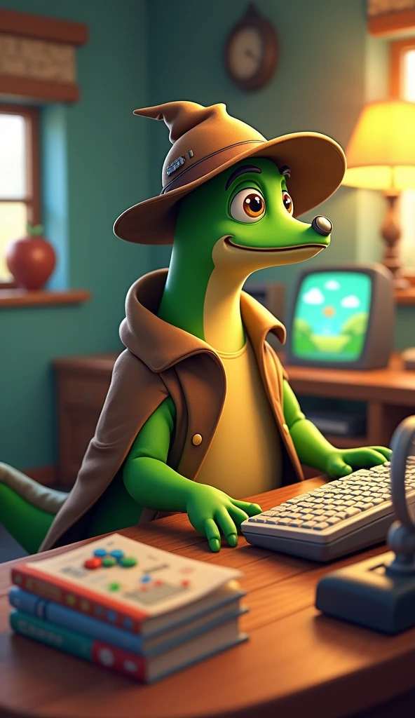 A green platypus wearing a detective hat and playing Pixar or cartoon style video games