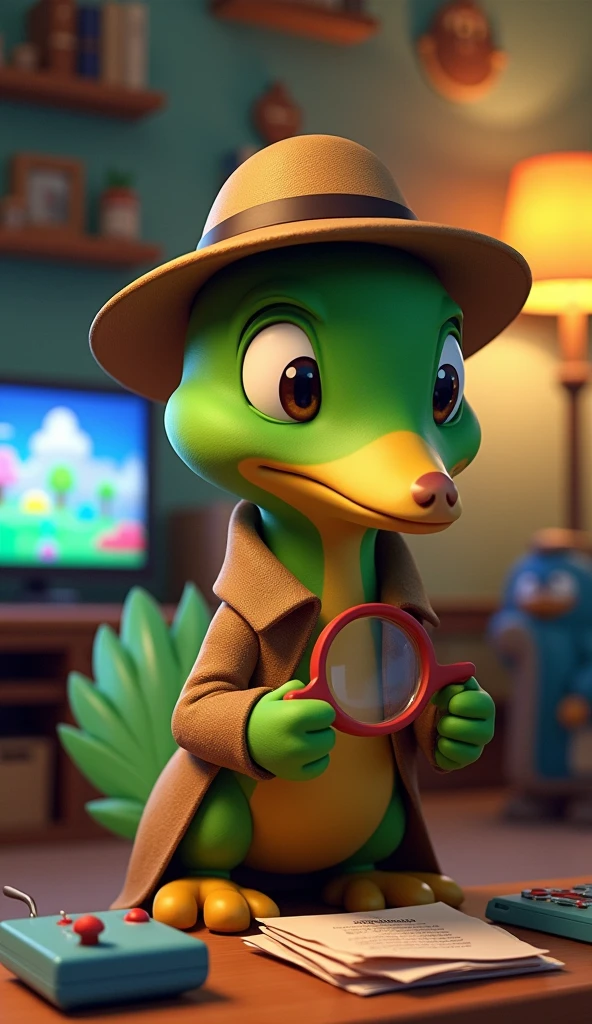 A green platypus wearing a detective hat and playing Pixar or cartoon style video games 