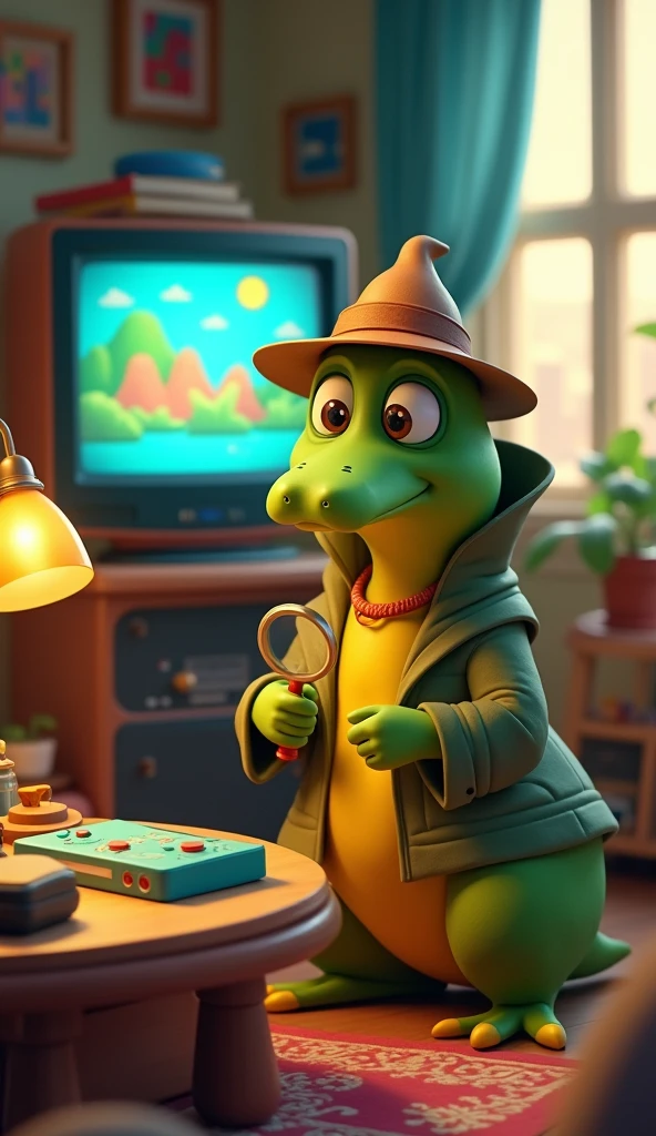 A green platypus wearing a detective hat and playing Pixar or cartoon style video games