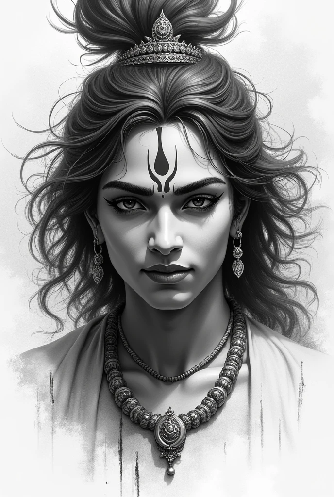 Picture of lord Krishna as a sketch art in which his face has  smile and aggressiveness with the background of battle
