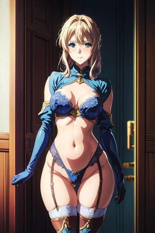 A beautifully detailed portrait of a girl in provocative lingerie. Toned slender body, small ass, thin thighs, blonde hair, blue eyes and A-cup breasts. The elaborately crafted lingerie fits her snugly, clearly showing her curves, nipples and crotch, covering her shoulders and gloves, she smiles coyly straight at the viewer. A very detailed and high quality Kyoani style Violet Evergarden masterpiece. Her whole body is clearly visible, clad only in lingerie and gloves.