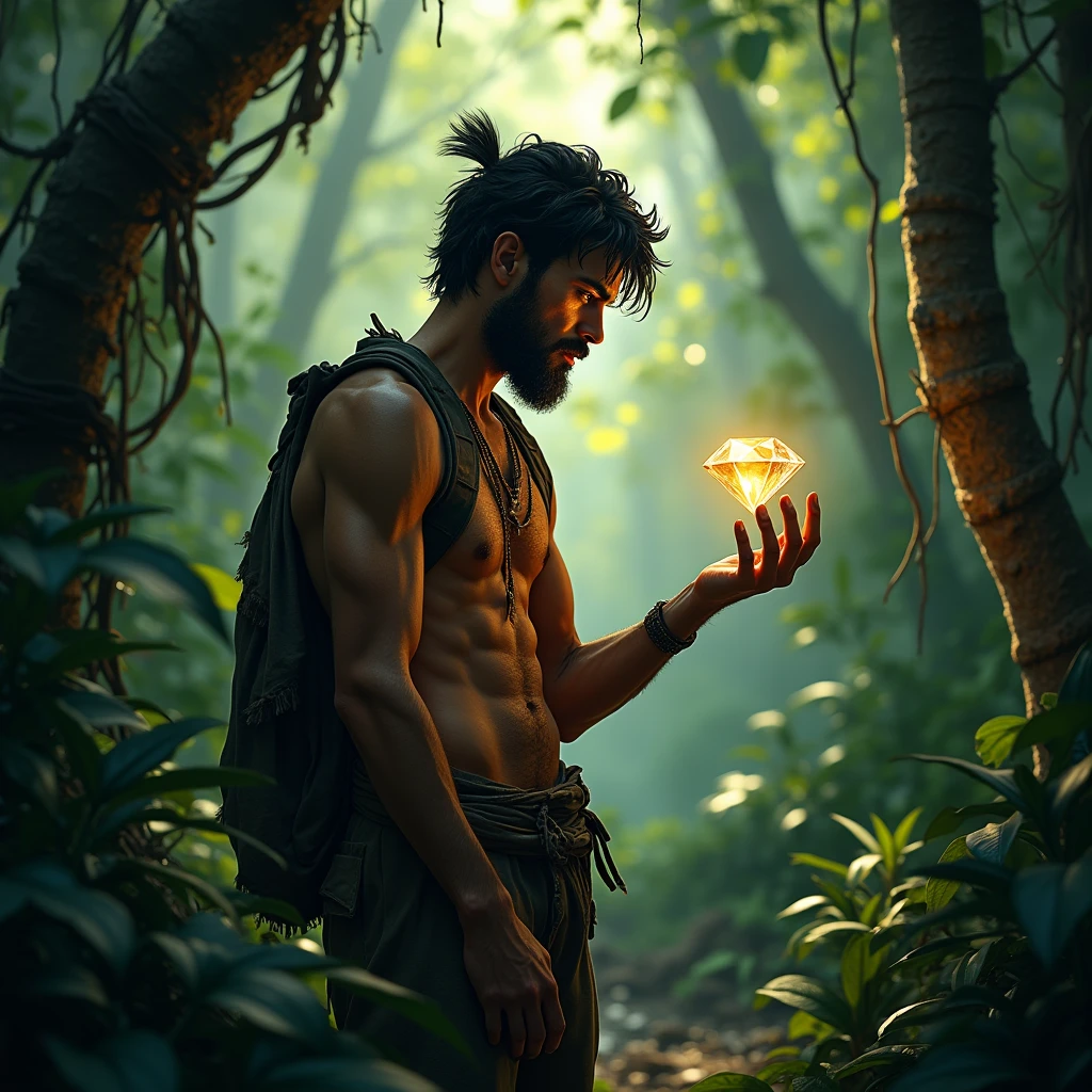 Poor young man in jungle with daimond
