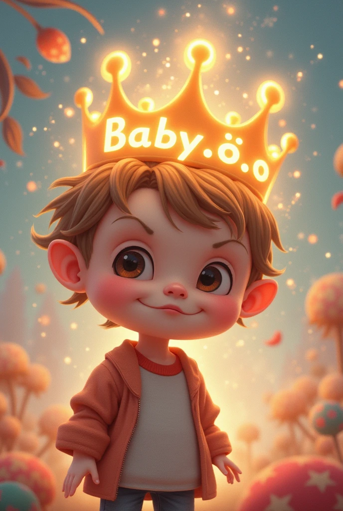 Create an image of a child with the word King Baby written on his head and the word Babyñoño shining in his head