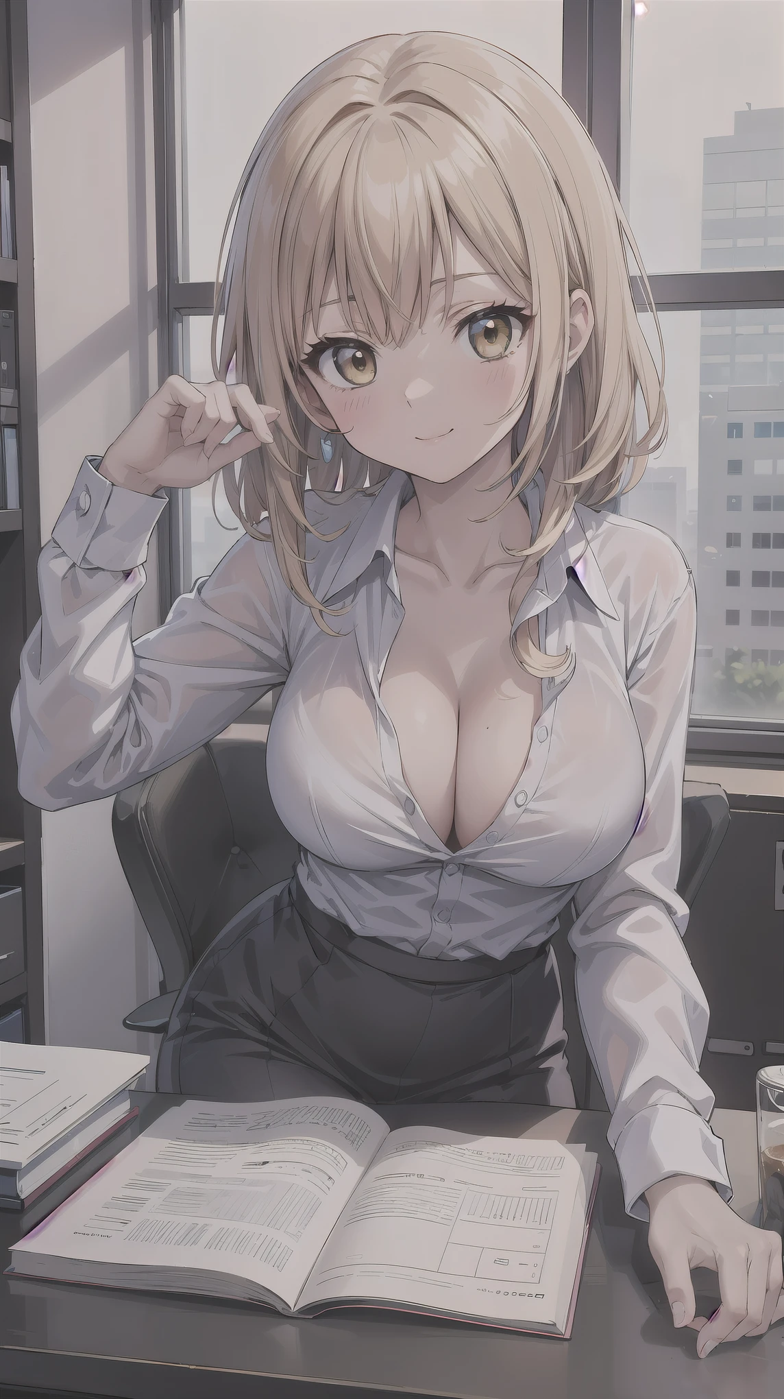 ((super high quality,))((Ultra-high resolution,))(16K,)(super masterpiece,)((Ultra HD ,))(Detailed shading,)One sexy office lady,Cleavage,popped Tight collar White shirts,turn up one's shirt collar,smile,blush,Facing forward,Office in the morning sun,slouch,