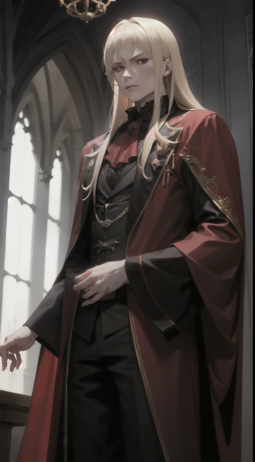 A 2 man, a vampire king with blonde hair and red eyes, he wears a brown robe and black outfit with red. (Senarius a bloody moon night in a royal castle)