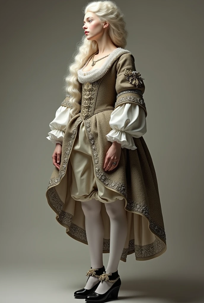 A 1.5 meters tall girl in her 20s wearing: wide knee-lenght breeches, white hoses, a wide justacorps bove a waistcoat, silver-buckled balack shoes with wedges and a ribbon on top and a long white curly wig