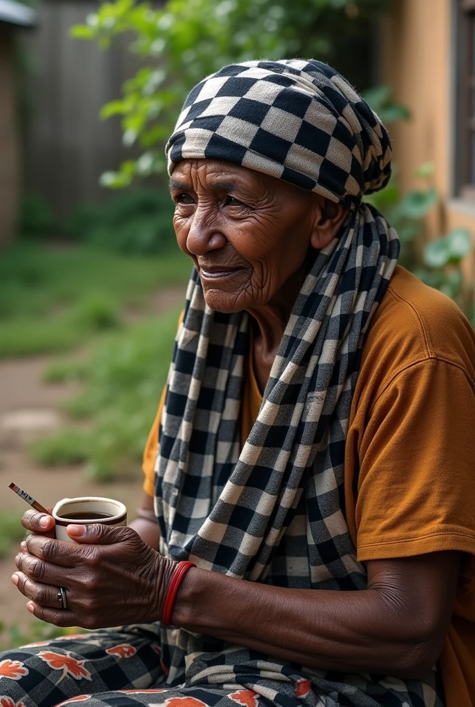 an old black woman sitting wearing a black and white checkered scarf on her head with a cup and straw cigarette in her hands in a yard