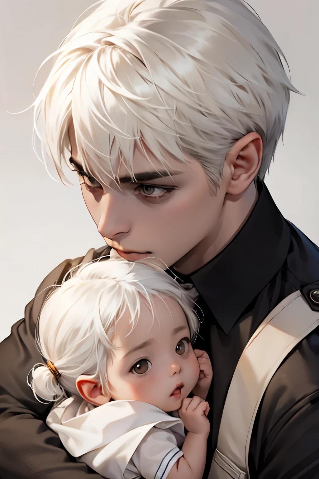 A baby with white hair and brown eyes
