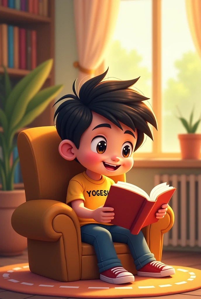 One boy siting in the chair and read the book, the boy name is yogesh written on the t shirt 2d cartoon