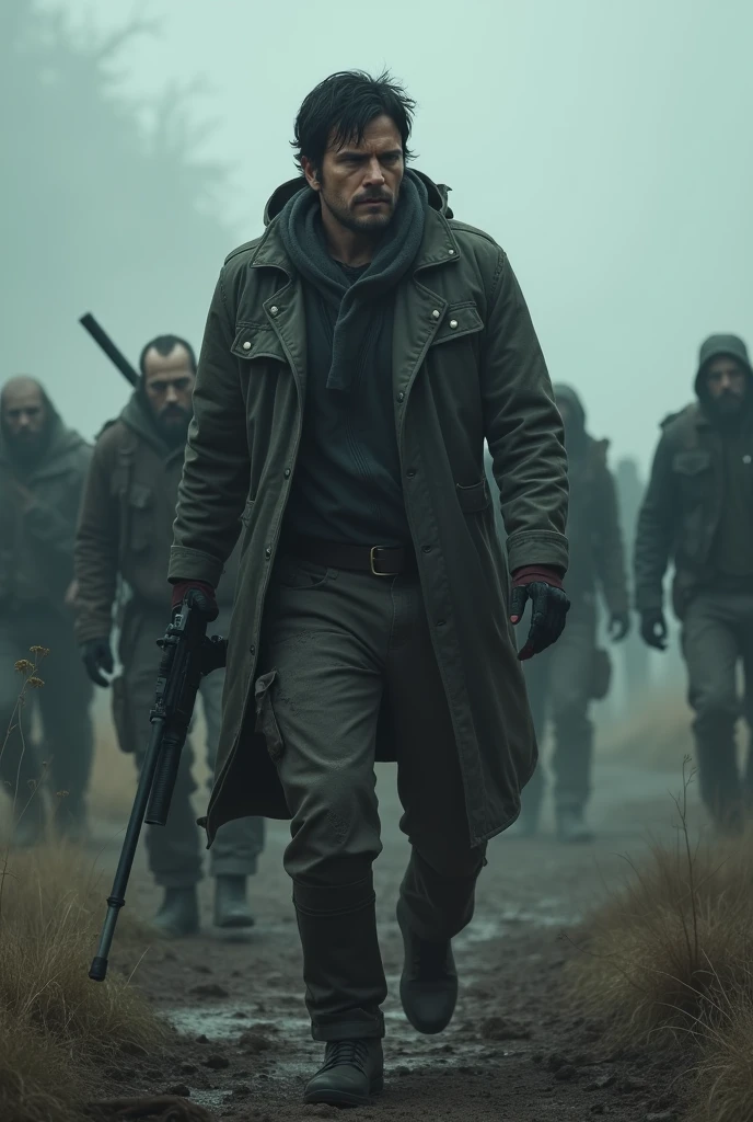 Make a book cover in the style of The Walking Dead with a dark-haired, armed male protagonist with zombies in the background.
book cover "The Mist Walkers"