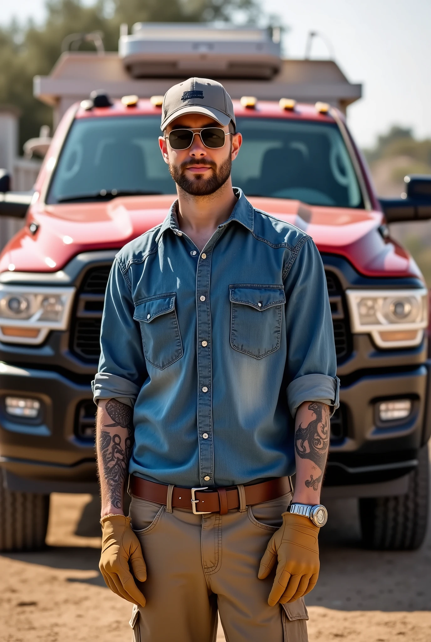 red 2024 RAM 5500 crew cab with Knapheide service body
A thirty-year-old contractor, he stands 178 cm tall, weighs 75 kg, he has short brown hair. He wears a grey ball-cap, aviator sunglasses, a blue chambray shirt with rolled-up sleeves, tattoos on both arms, a stainless wristwatch, tan leather work gloves, khaki chinos with a brown leather belt, and brown leather work boots stands in front of a (red 2024 RAM 5500 crew cab with service body)