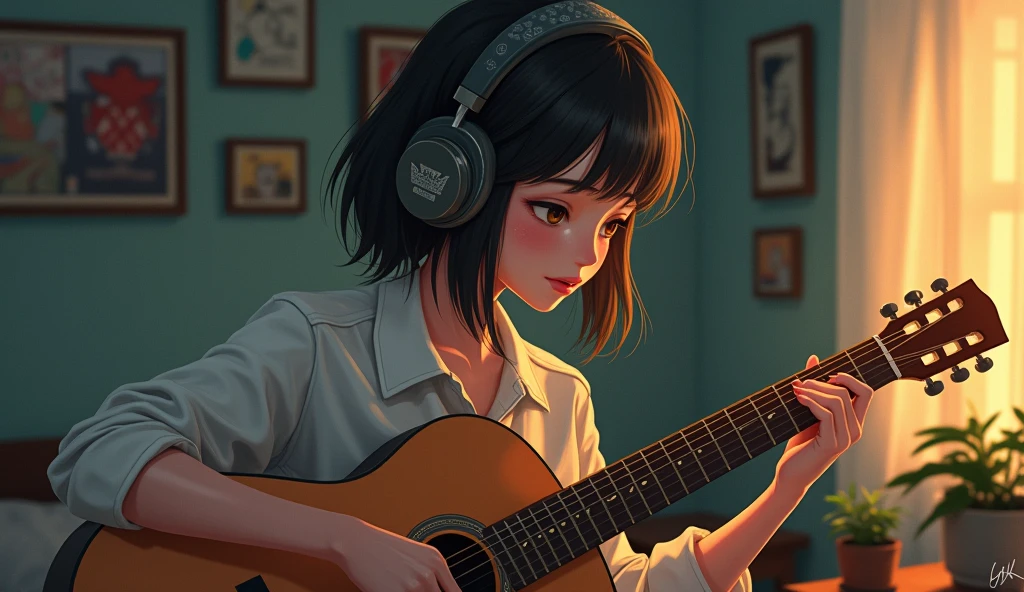 Perfect image, 8k, night、Private room、Female college student, Using headphones、Practicing guitar、 2D-style animation, Lo-Fi, Emotional、Retro、Anime style illustrations、Anime Style