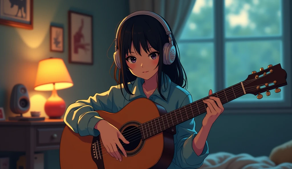 Perfect image, 8k, night、Private room、Female college student, Using headphones、Practicing guitar、 2D-style animation, Lo-Fi, Emotional、Retro、Anime style illustrations、Anime Style