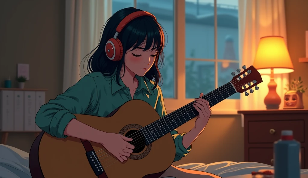Perfect image, 8k, night、Private room、Female college , Using headphones、Practicing guitar、 2D-style animation, Lo-Fi, Emotional、Retro、Anime style illustrations、Anime Style