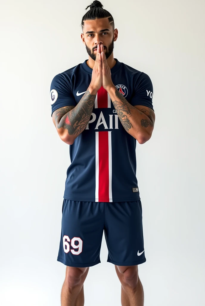 Young 2 sexy white guy with black hair shaved on the sides with braids brown eyes thick lips athletic body masculine energy and sexy defined chin trimmed beard colored tattoo marked biceps wears the navy blue PSG uniform with a central red and white stripe, Navy blue shorts with the number 69 and white cleats. The background is white and he is standing proudly kissing the team's jersey. 8k
