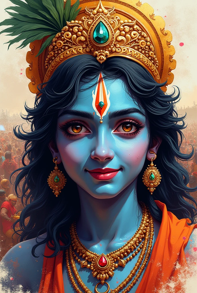 Picture of lord Krishna as a colorful sketch art in which his face has smile and aggressiveness with the background of battle