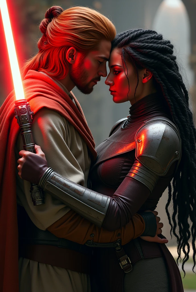 Red shorthaired Jedi kissing black dread haired woman in armor tight