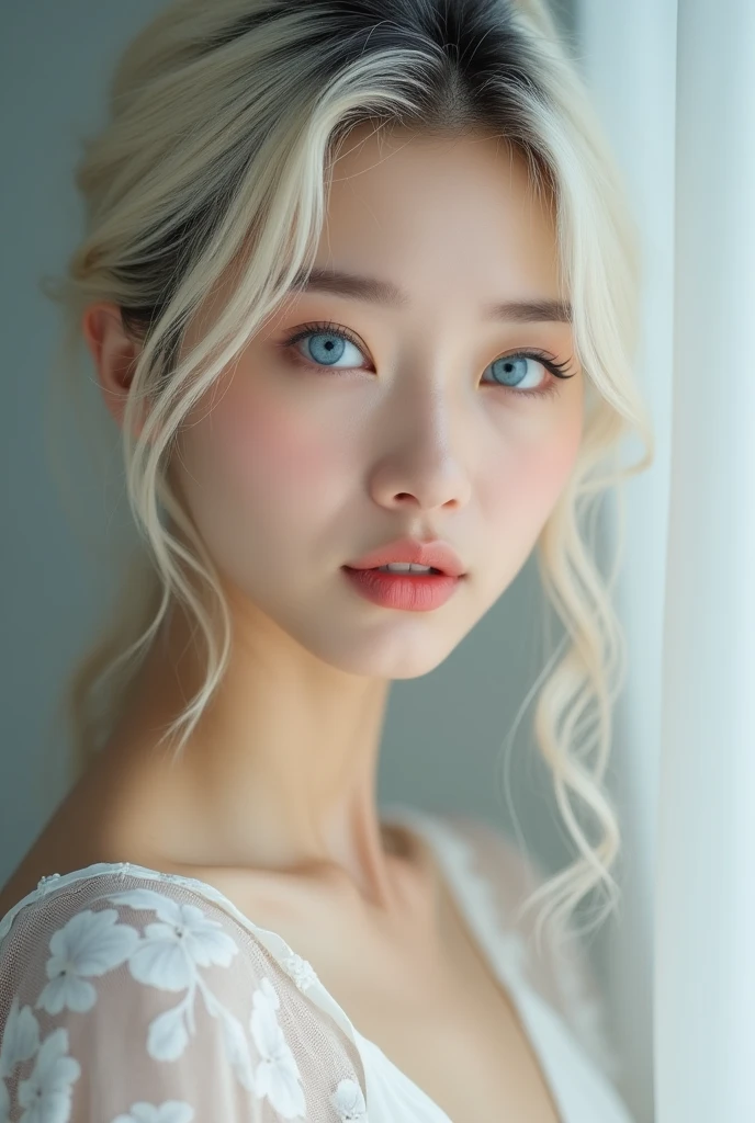 Femme coréenne réel visage yeux bleu et cheveux blond blanc pour Pinterest, une pose style