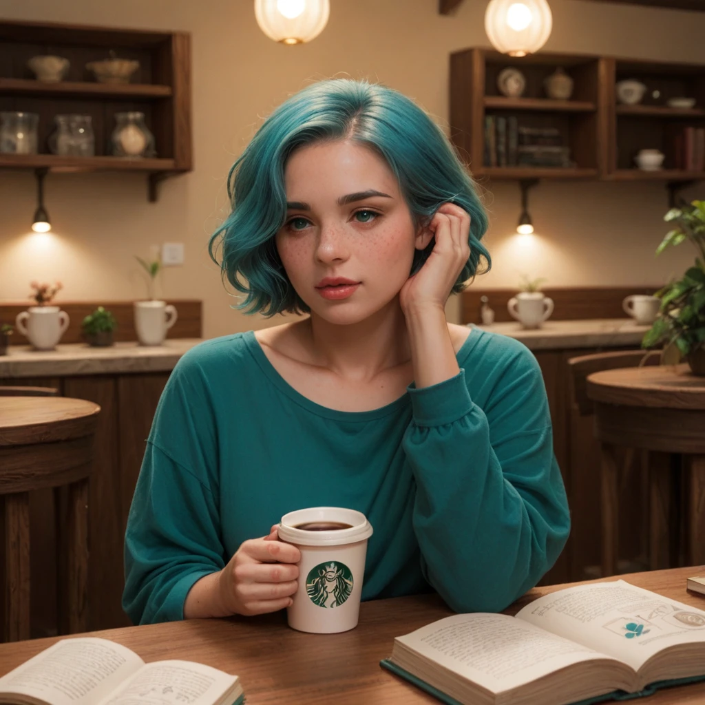 Woman, 20 Years Old, Nordic Ethnicity, short blue hair with a perfect face and light freckles, Blue-Green Eyes, sitting in a cozy, softly lit corner of a stylish café. She is holding a coffee cup close to her lips, her eyes half-closed in a moment of indulgence. The setting is warm and intimate, with plush seating, wooden tables, and soft, ambient lighting casting a gentle glow. The background features subtle elements like coffee cups, books, and soft-focus patrons in the distance. The scene is both inviting and mysterious, emphasizing the sensual pleasure of the moment. ((Color palette - warm brown, soft gold, deep maroon))