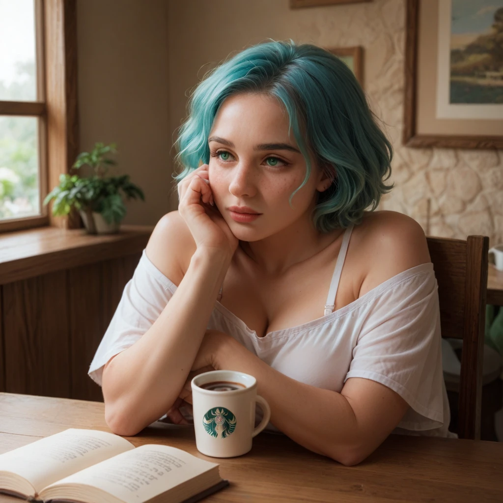 Woman, 20 Years Old, Nordic Ethnicity, short blue hair with a perfect face and light freckles, Blue-Green Eyes, sitting in a cozy, softly lit corner of a stylish café. She is holding a coffee cup close to her lips, her eyes half-closed in a moment of indulgence. The setting is warm and intimate, with plush seating, wooden tables, and soft, ambient lighting casting a gentle glow. The background features subtle elements like coffee cups, books, and soft-focus patrons in the distance. The scene is both inviting and mysterious, emphasizing the sensual pleasure of the moment. ((Color palette - warm brown, soft gold, deep maroon))