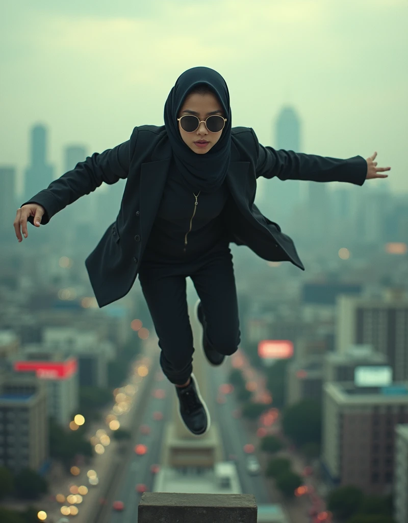 Create a film still with a Malay girl sunglasses in hijab leaping across a rooftop in a high-octane action scene, reminiscent of 'Mission: Impossible.' Use a wide-angle lens and intense lighting to capture the tension and excitement, photo taken using Panavision DXL2, 28mm lens, Establishing shot, muted color grading, cinemascope, drama, high quality, ultra detailed, 8k resolution, hyper - realistic photography,