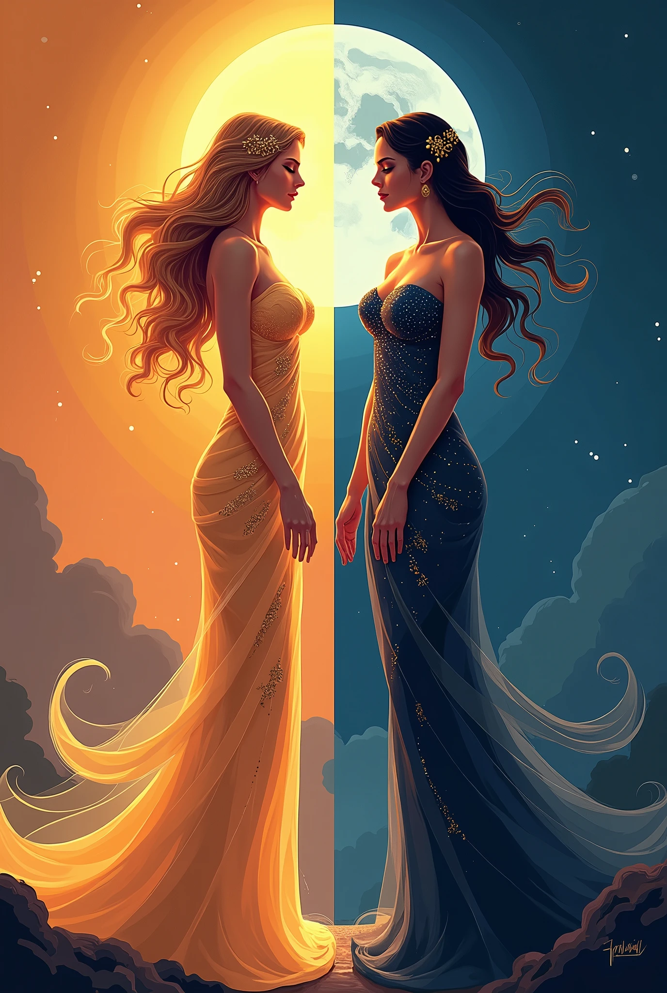 Flat vector of 2 sexy busty godsesses. One is goddess of the day and is on the left side of the image. The other is goddess of the night and is on the right side of the image. They are both wearing elegant dress that represent their domains. the image is split in the middle.
