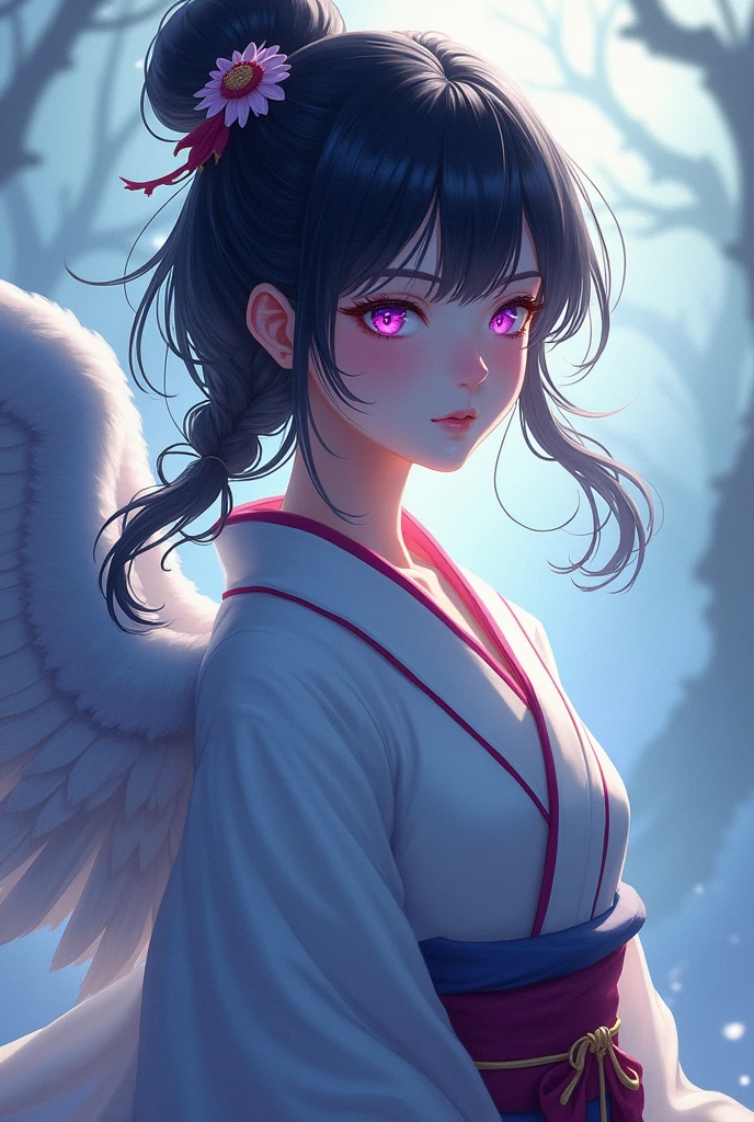 Girl with black hair tied back in a loose braid, light violet eyes and winged kimono of Sanemi Shinazukagua