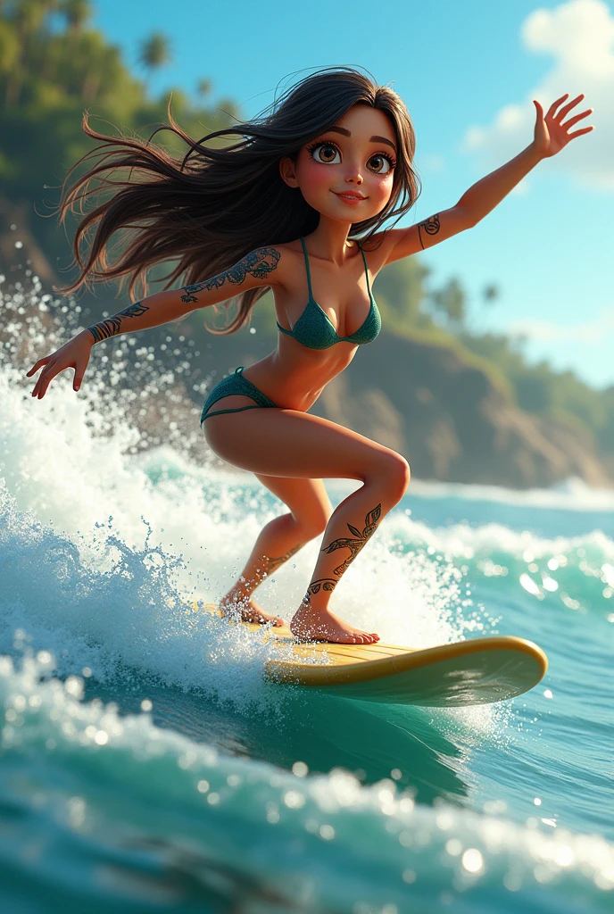A TWENTY-YEAR-OLD WOMAN, 169 CENTIMETERS HEIGHT, eighty kilos, long brunette hair, STRIKING EYELASHES, SURFING AND DOING A MANEUVER, PIXAR model, SHE HAS SEVERAL TATTOOS