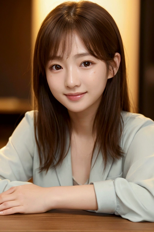 ((masterpiece, Best image quality, High resolution、Lonely、Glowing Skin))(On the table, Highest quality, practical, Very detailed, Scrupulous, High resolution, 8k wallpaper), Close up portrait of beautiful woman, like, smile, Light brown messy hair, Perfect dynamic composition, 美丽Scrupulous的眼睛, ファッション雑誌の表紙like, On campus, Japanese, Crisp eyes, Department of Small Animals