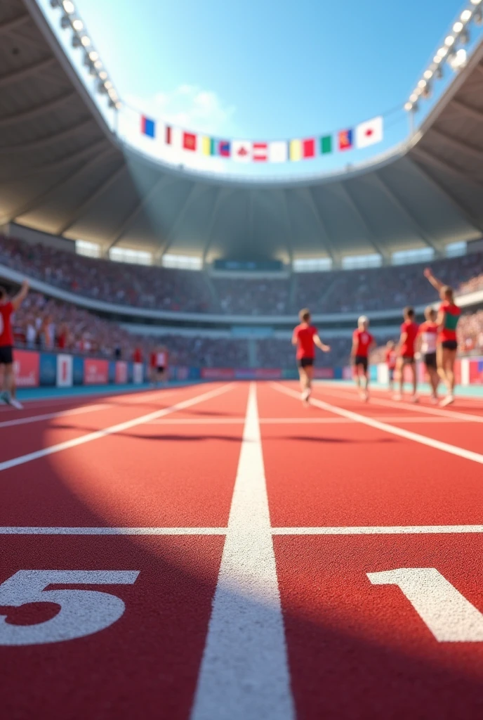 a picture of an athletics track finish line, with fans in the stands