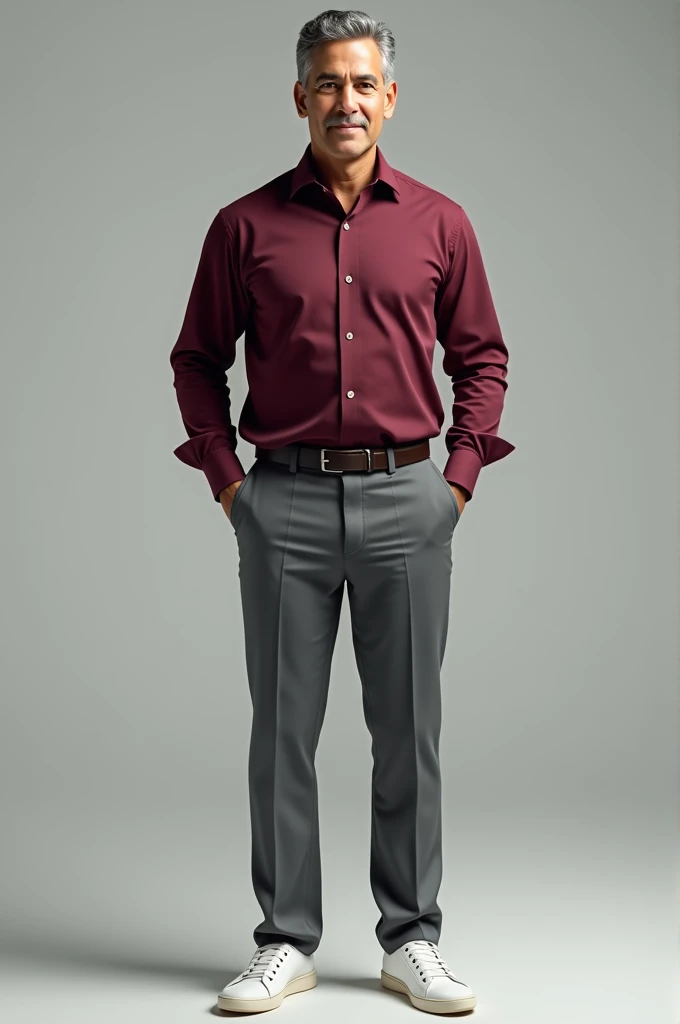 a men in formal style maroon shirt  and he fold the Selvs and grey formal pant and white sneakers