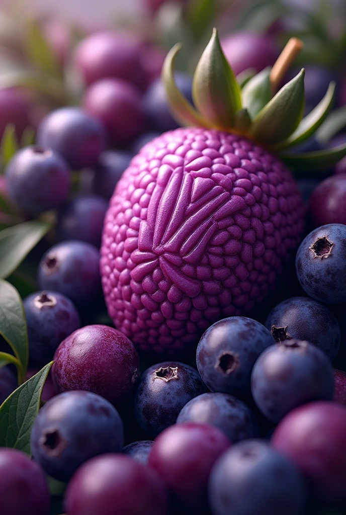 Create an Açaí commercial campaign image with the Hámassinha Açaí Logo with nature colors like purple and green with fruits