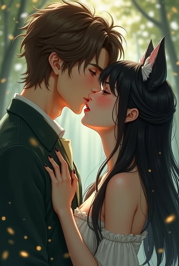 ookami mio, a fair-skinned wolf with black hair and pale skin and golden eyes, is surprised to feel the kiss of the brown man who is taller than her, golden eyes and brown hair who closes his eyes to kiss her 