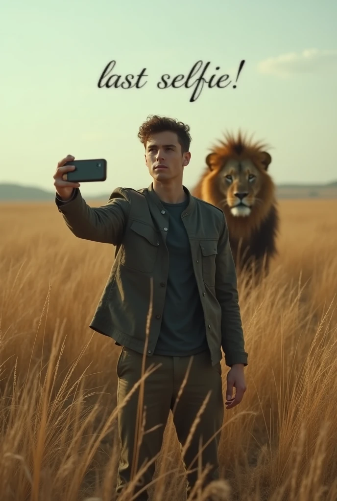 ((Last selfie. Il giovane è in posa, apparentemente tranquillo, in mezzo alla savana africana. Alle sue spalle, l'erba alta si apre improvvisamente, e un leone affamato emerge silenziosamente, quasi a un passo da lui. L’assurdità della situazione è accentuata dal suo sorriso spensierato e dalla minaccia mortale nascosta appena dietro di lui. Oopps.)). (Suspended in the air between scene and the viewer, a translucent, almost ghostly black message reads exactly: "Last selfie!". The text appears as if it's floating, blurred at the edges, with the letters formed from a faint mist or dark black smoke that lingers in the space. The smoky words are readable, though not overly bright, hovering just in front of his gaze, creating a surreal yet powerful effect. Text exactly says: "Last selfie!". Text says: "Last selfie!". semi-transparent text that reads 'Last selfie!' in a dramatic, bold font. The text almost acts as a title, floating in the air, partially obscuring the scene but enhancing the overall tension and urgency of the moment.Suspended in the air between scene and the viewer, a translucent, almost ghostly black message reads exactly: "Mercy is over!". The text appears as if it's floating, blurred at the edges, with the letters formed from a faint mist or dark black smoke that lingers in the space. The smoky words are readable, though not overly bright, hovering just in front of his gaze, creating a surreal yet powerful effect. Text exactly says: "Mercy is over!". Text says: "Mercy is over!". semi-transparent text that reads 'Last selfie!' in a dramatic, bold font. The text almost acts as a title, floating in the air, partially obscuring the scene but enhancing the overall tension and urgency of the moment.)