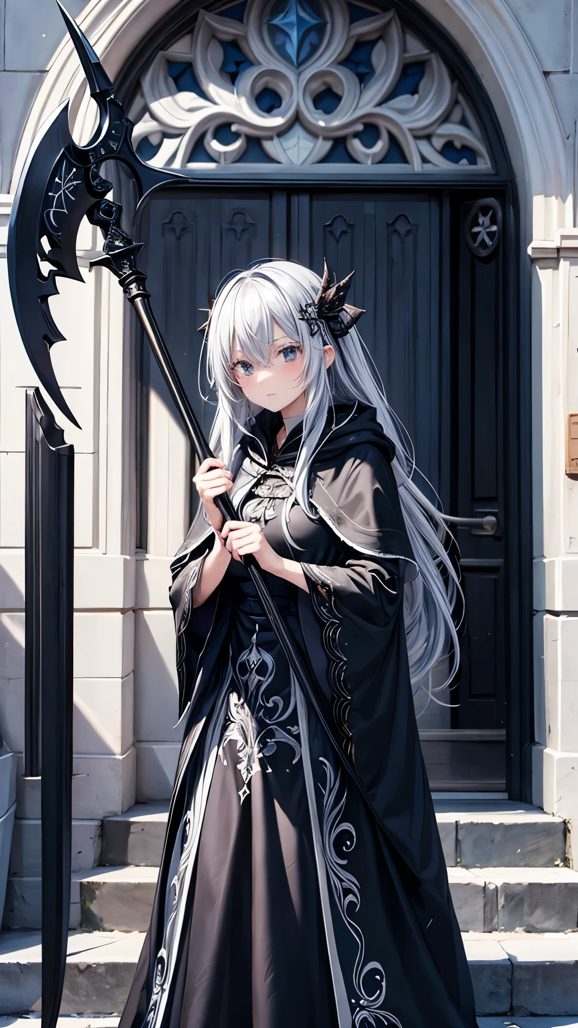 woman、beautiful、Silver Hair、Black embroidered hood、Embroidered and decorated robes、Black Dress、What size is the person standing there holding a scythe in his hand?、Ice Magic、cathedral、night、dark、Elfriede