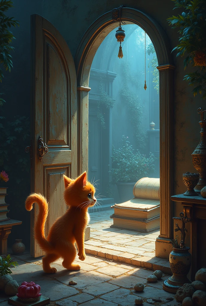 Curious, he nudged it open with his paw and found a room filled with ancient treasures and a dusty old book.