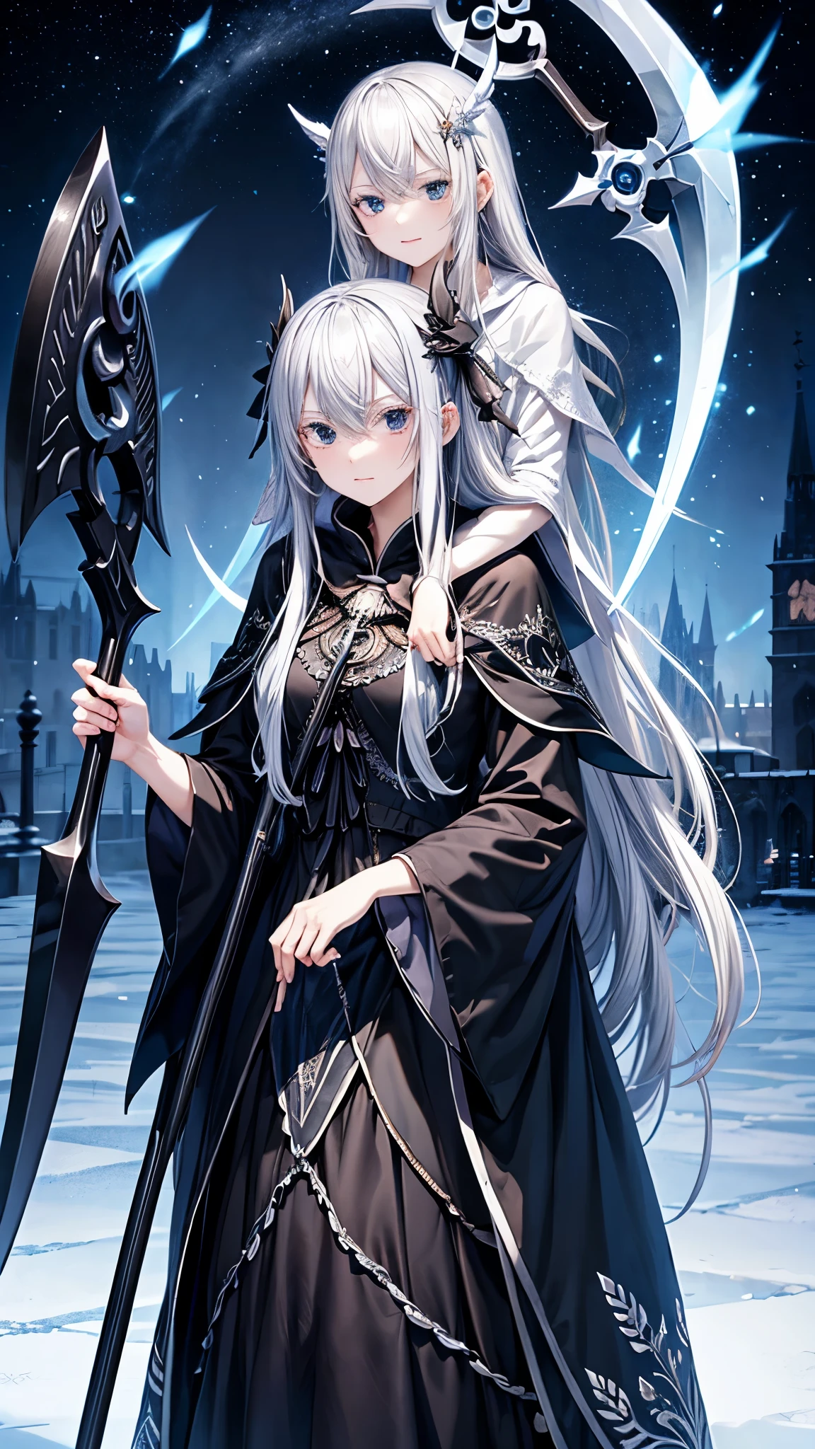 woman、beautiful、Silver Hair、Black embroidered hood、Embroidered and decorated robes、Black Dress、What size is the person standing there holding a scythe in his hand?、Ice Magic、cathedral、night、dark、Elfriede