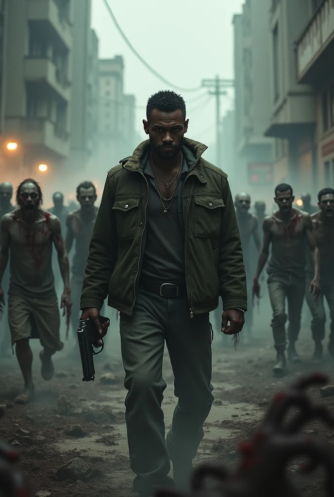 Make a book cover in the style of The Walking Dead with a dark-skinned male protagonist armed with a pistol, zombies around.
book cover "The Mist Walkers"