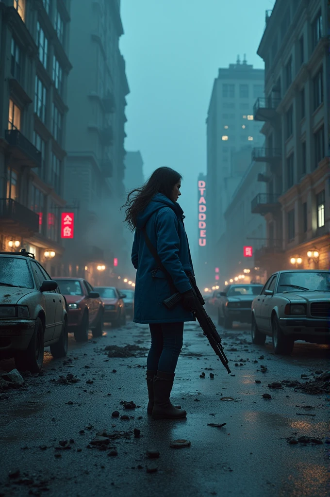 Destroyed cities at night zombie apocalypse full of zombies and several cars scattered with an armed woman in the middle wearing a blue jacket 