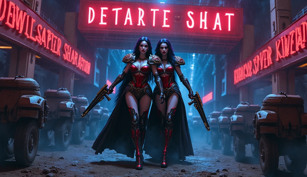 Masterpiece, Best Quality, Official Art, (Highly Detailed CG Unity 8k wallpaper), Detailed background, (Hands by Guido Daniele: 1.1). Full body pose sexy sisters of battle from the warhammer 40k, shooting at the enemy, white armor with intricate details, red armor with intricate details, religous symbols on the armor, sisters of battle, warhammer 40k, Massive silicone breast, pale skin, seductive, temptation, eat your soul, clevage, long flowing black hair with purple highlights, heavy gothic makeup, at night, neon, beautiful detailed eyes, beautiful detailed lips, extremely detailed eyes and face, long eyelashes, highly detailed armor, intricate futuristic weaponry, dramatic lighting, cinematic composition, muted color palette, gritty and realistic, mecha, science fiction, hyper-detailed, photorealistic, award winning digital art, 8k, HDR, masters work, in the middle of a battle field, full body combat action pose, explosions and fire around, full war, stunning, Stilleto heels, high heels, full body pose, cinematic, movie trailer, final stand!, nemesis, ready to strike, dust and debree, combat screams, attacking, shooting at the enemy, running forward, last line of defense, charging, fanatic, religious, templar knights, sisters of battle, warhammer 40k