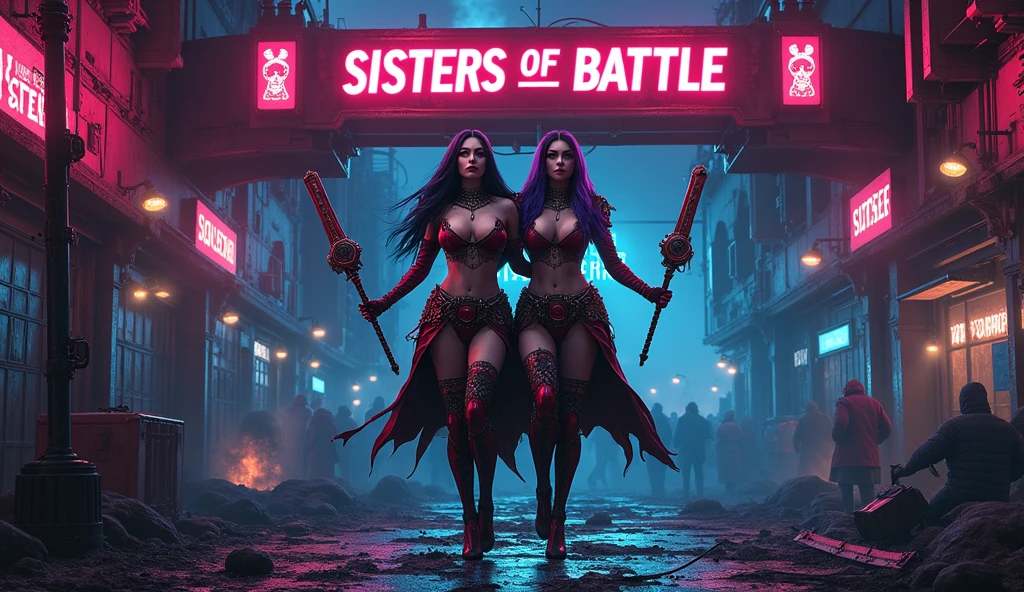 Masterpiece, Best Quality, Official Art, (Highly Detailed CG Unity 8k wallpaper), Detailed background, (Hands by Guido Daniele: 1.1). Full body pose sexy sisters of battle from the warhammer 40k, shooting at the enemy, white armor with intricate details, red armor with intricate details, religous symbols on the armor, sisters of battle, warhammer 40k, Massive silicone breast, pale skin, seductive, temptation, eat your soul, clevage, long flowing black hair with purple highlights, heavy gothic makeup, at night, neon, beautiful detailed eyes, beautiful detailed lips, extremely detailed eyes and face, long eyelashes, highly detailed armor, intricate futuristic weaponry, dramatic lighting, cinematic composition, muted color palette, gritty and realistic, mecha, science fiction, hyper-detailed, photorealistic, award winning digital art, 8k, HDR, masters work, in the middle of a battle field, full body combat action pose, explosions and fire around, full war, stunning, Stilleto heels, high heels, full body pose, cinematic, movie trailer, final stand!, nemesis, ready to strike, dust and debree, combat screams, attacking, shooting at the enemy, running forward, last line of defense, charging, fanatic, religious, templar knights, sisters of battle, warhammer 40k