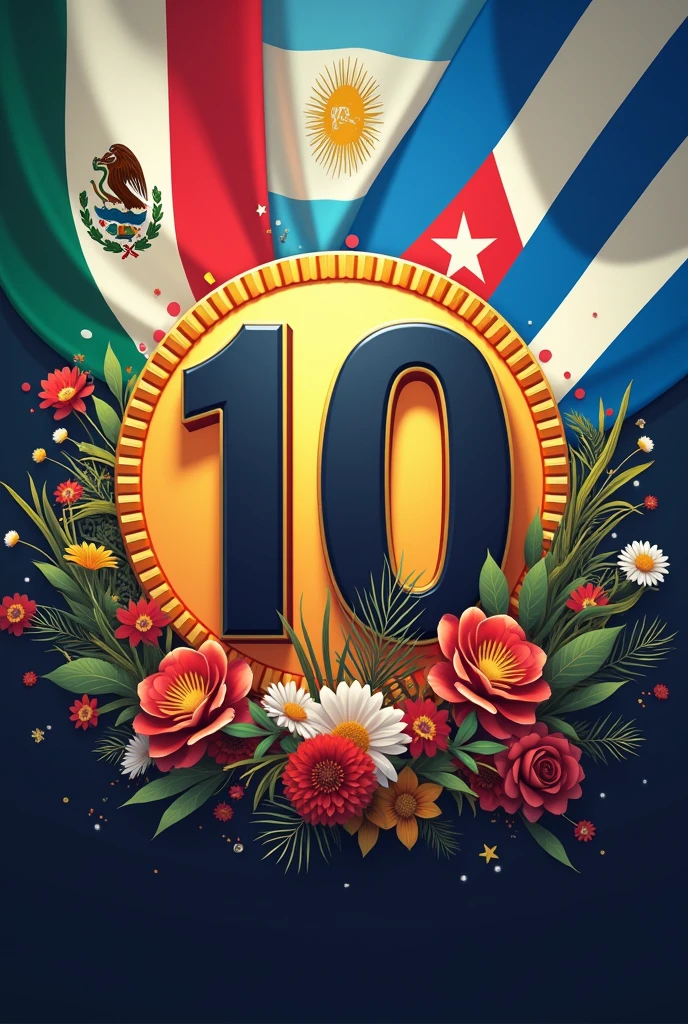 Image with the number 10 anniversary with the Mexican flag, argentina, guatemala, Paraguay, venezuela, Chile and Cuba