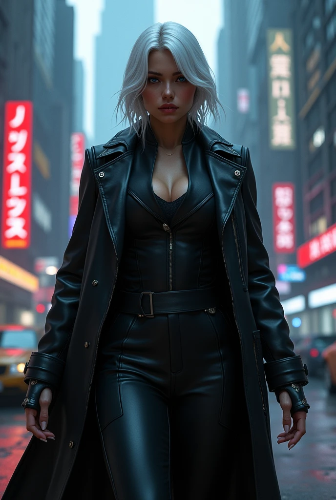 A white-haired woman, in a cyberpunk world. with a balanced body and dressed like a mobster with a tight suit under the trench coat