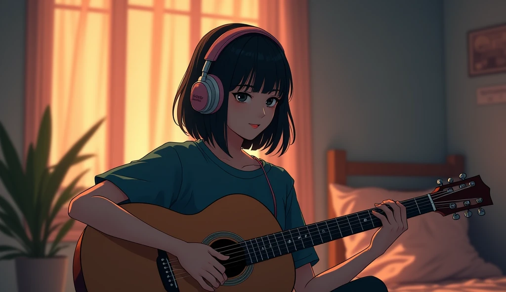 Perfect image, 8k, night、Private room、Female college student, Using headphones、Practicing guitar、 2D-style animation, Lo-Fi, Emotional、Retro、Anime style illustrations、Anime Style