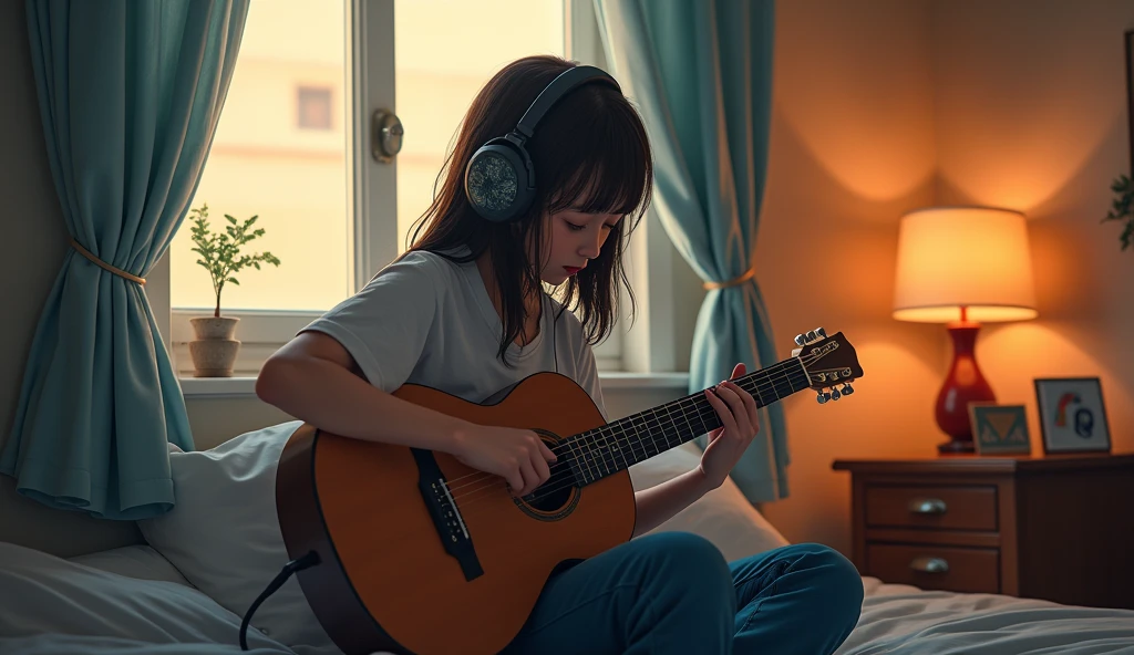 Perfect image, 8k, night、Private room、Female college student, Using headphones、Practicing guitar、 2D-style animation, Lo-Fi, Emotional、Retro、Anime style illustrations、Anime Style
