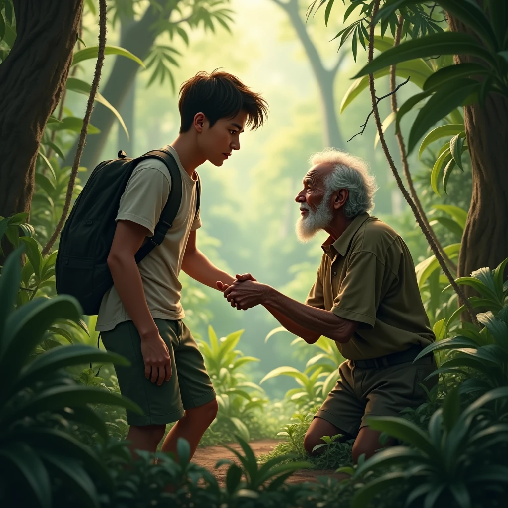  young man helping to poor old man in jungle
