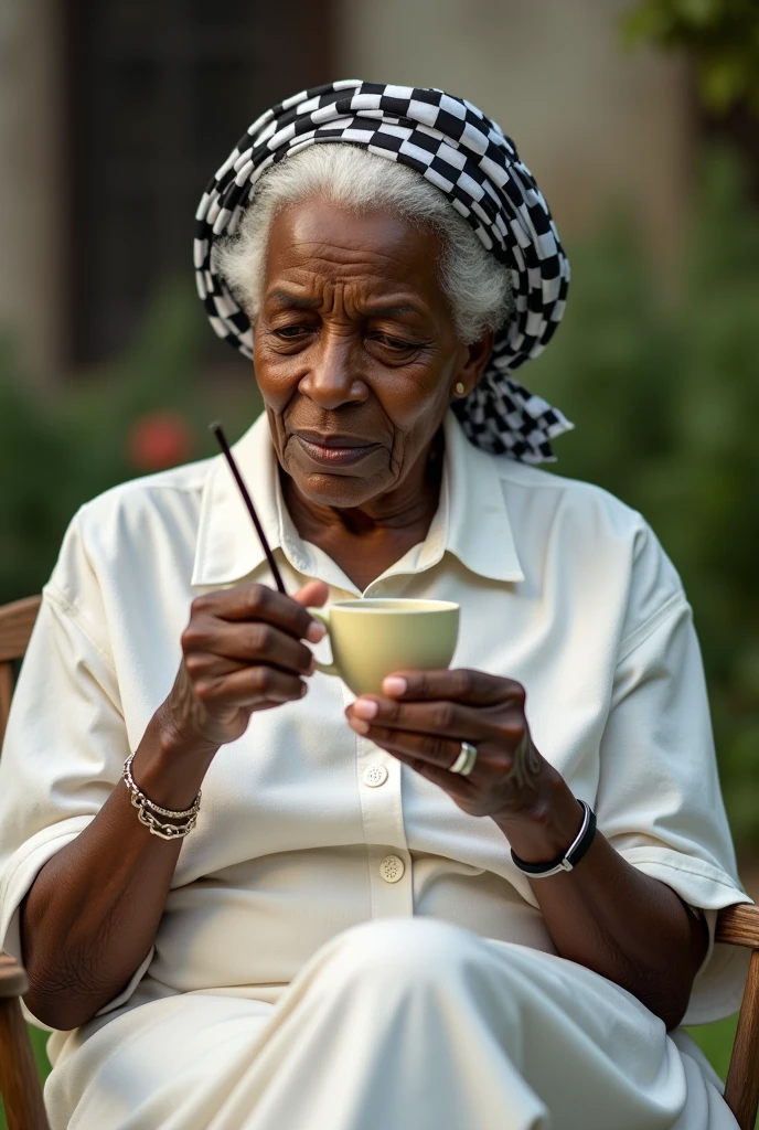 an old black woman Black woman sitting wearing a black and white checkered scarf on her head with a cup of coffee and a straw cigarette in her hands in a yard dressed in white