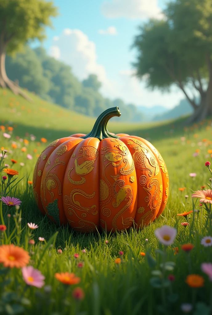 An artistic pumpkin, on the ground of a meadow