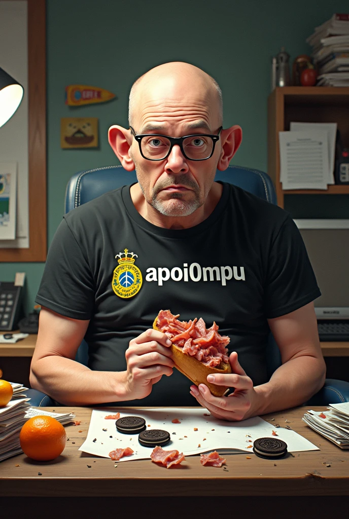 white male, 40 year old, baldie, completely smooth face, no fur, bochechas grandes, Scrawny, but very pot-bellied, wearing light glasses and eating baguette with lots of ham. Sitting behind an extremely cluttered desk with a computer, many stacks of loose papers, crumbs and lots of Oreo cookies. Wearing a black shirt with the following phrase: APOI0 MPU, coat of arms of the federative republic of brazil on the shirt, besides a bag of tangerines on the table.